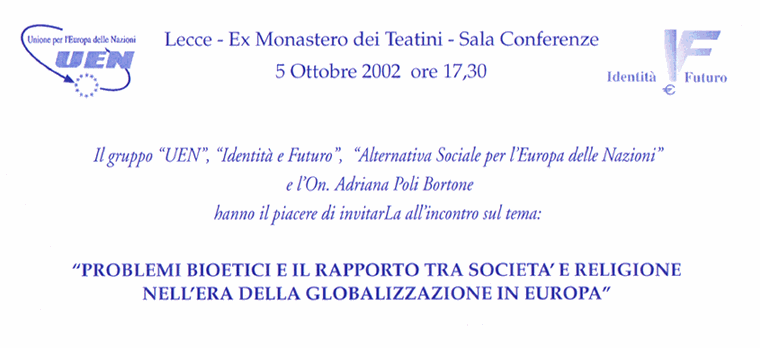 Lecce - Ex Monastero dei Teatini - Sala Conferenze 5 Ottobre 2002 ore 17,30
