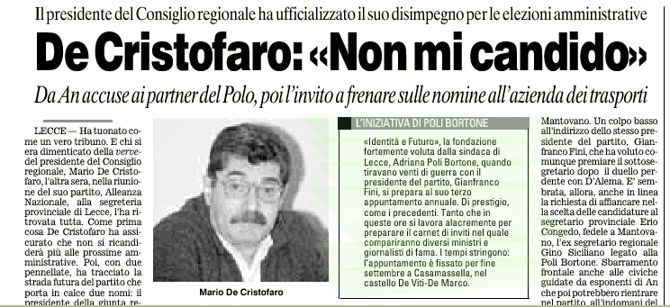 Articolo Corriere del Mezzogiorno: L'iniziativa di Ploli Bortone